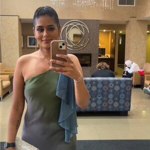 Chic One-Shoulder Dress in Green and Blue